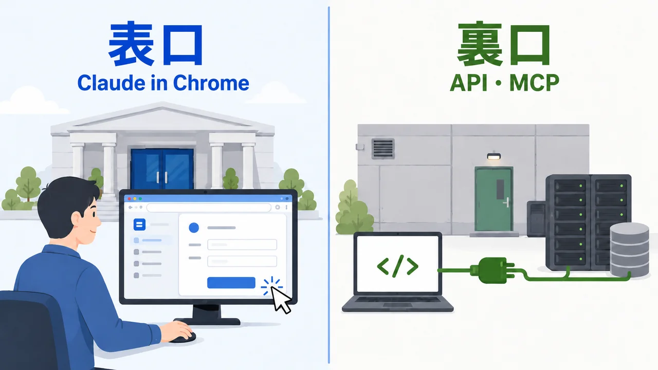 表口と裏口の図。表口(Claude in Chrome)は人がブラウザの画面から入る正面玄関、裏口(API・MCP)はツールの裏側に直接つなぐ通用口として描いている
