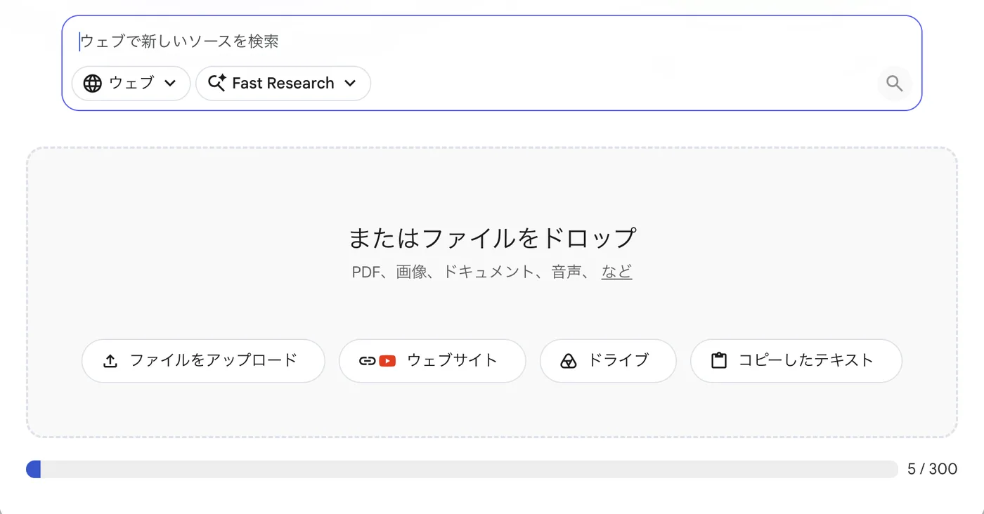 Gemini NotebookのPro環境のソース追加画面。下部に「5 / 300」というカウンタが表示され、ソース上限300件のうち現在5件を使用していることが分かる