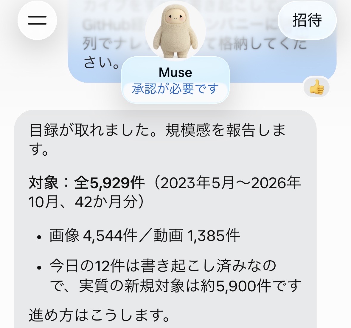 Museが過去42か月のストーリーズ5,929件の目録取得を報告した画面