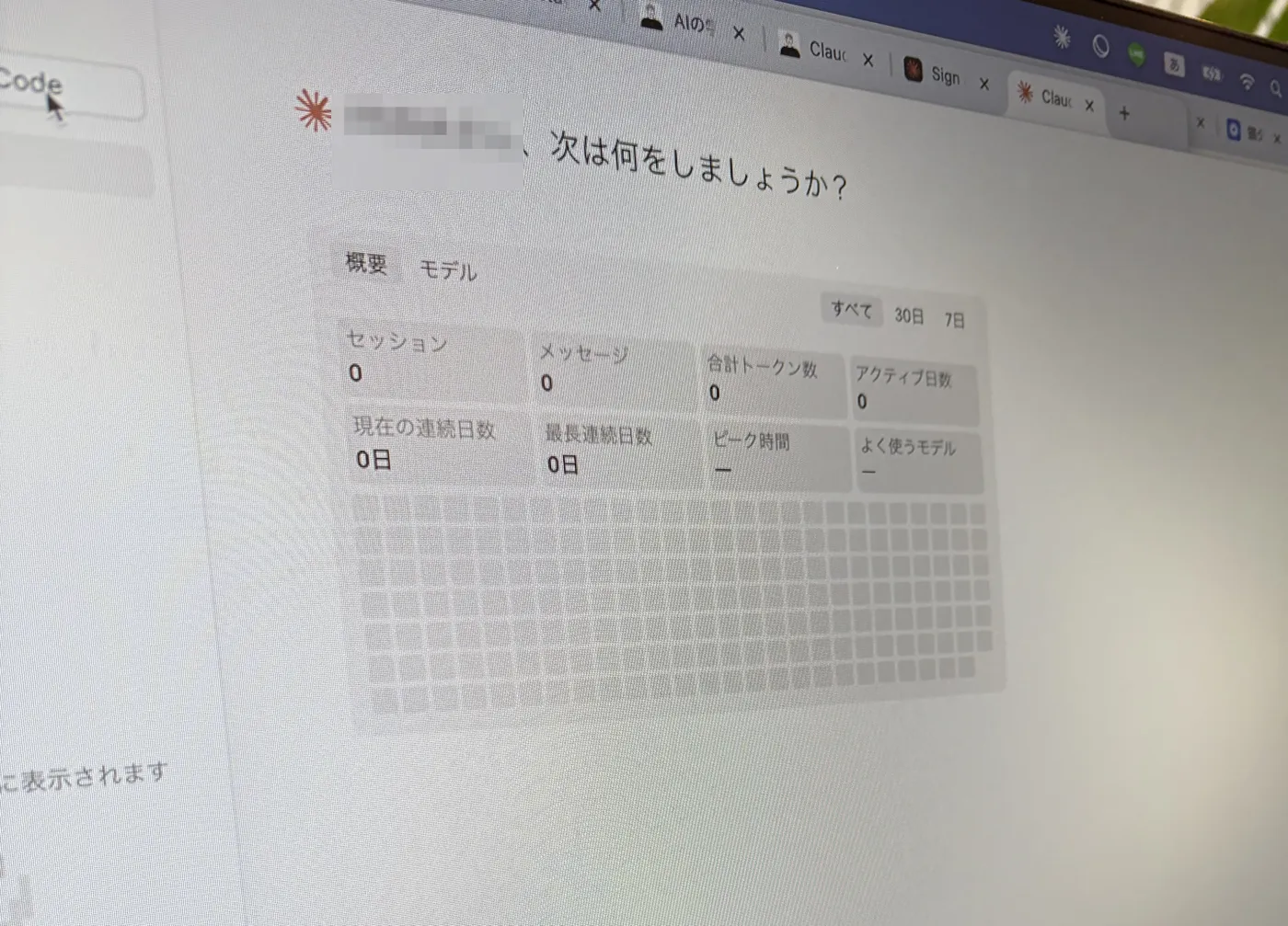 Claude Codeの利用状況ダッシュボード。セッション・メッセージ・合計トークン数・アクティブ日数がすべて0の状態（名前部分はぼかしています）