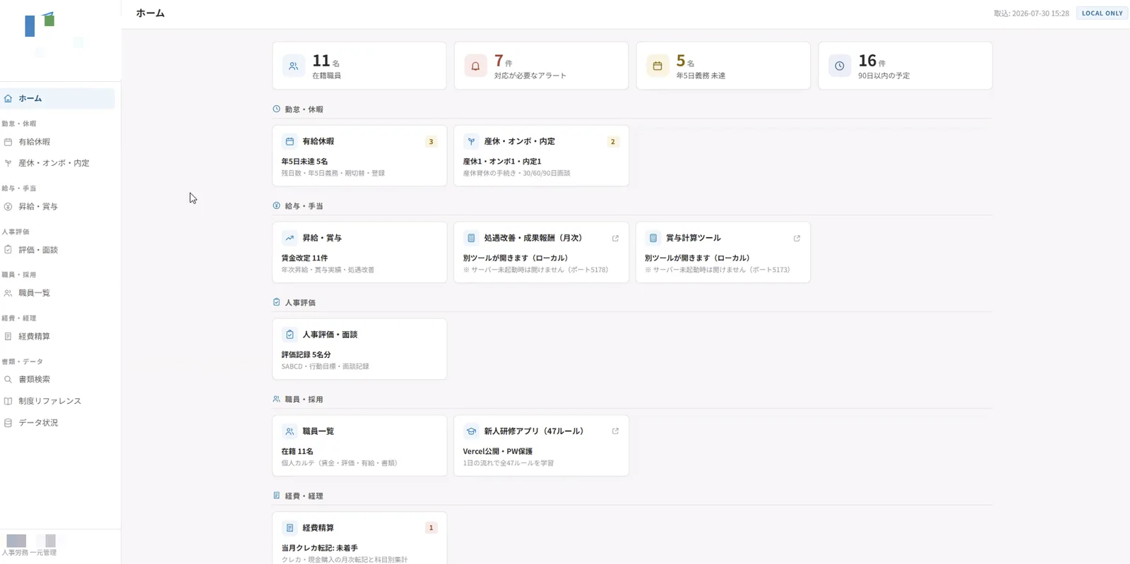 福祉事業の基幹システム。勤怠・給与・人事評価・経費精算・書類までを1つにまとめている（事業所名は加工しています）